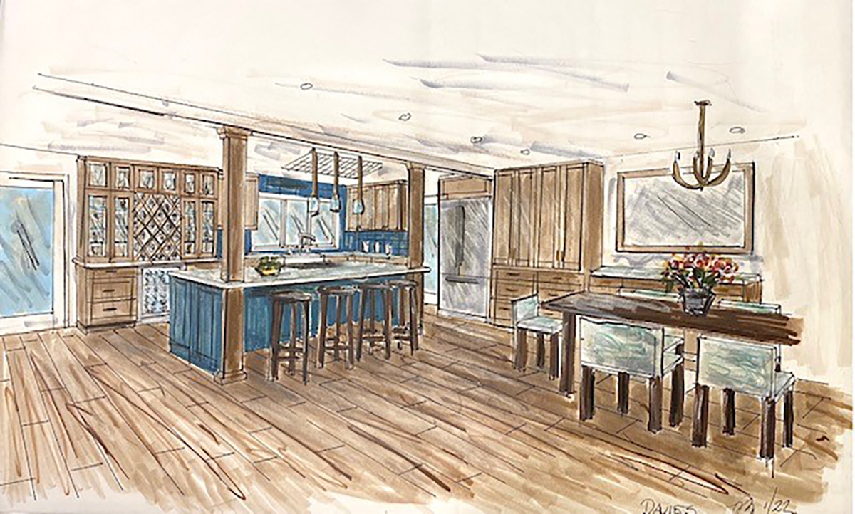 Rebecca's hand-drawn color rendering of the El Cajon kitchen, showing the island, columns and cabinetry