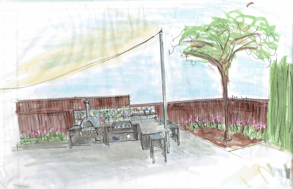 Rebecca’s rendering: a sail shade, outdoor kitchen with pizza oven, and a tree by the fence