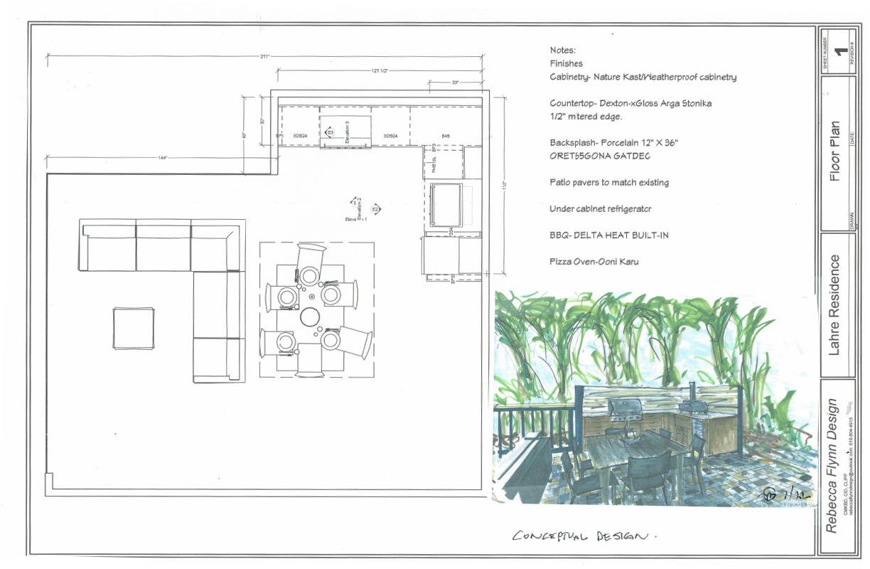 Floor plan drawing of a backyard patio with furniture layout and notes