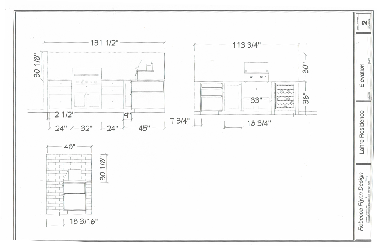 Elevation drawing of an outdoor kitchen with dimensions