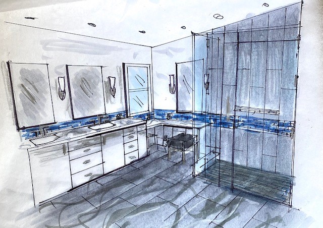 Rebecca’s rendering: white vanity, a band of blue glass tile and a frameless shower