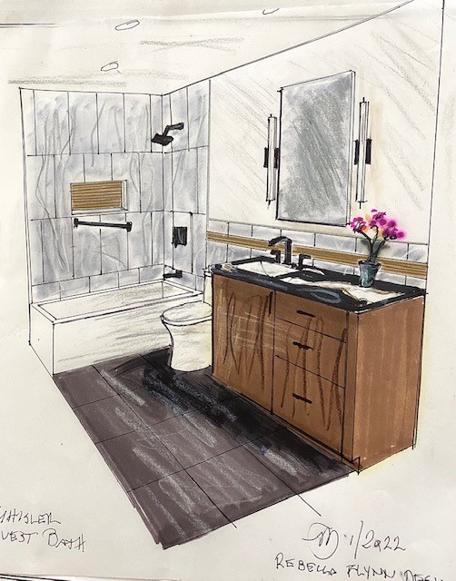 Rebecca’s signed rendering: walnut vanity with a black top, tiled shower and dark floor